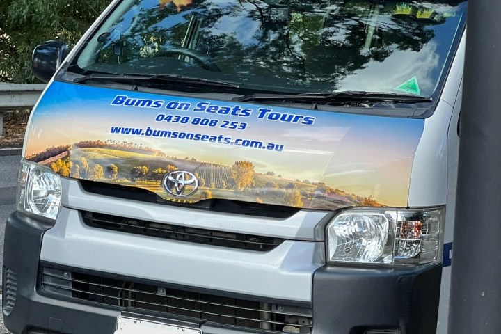 White van with 'Bums on Seats Tours' branding parked under a tree.