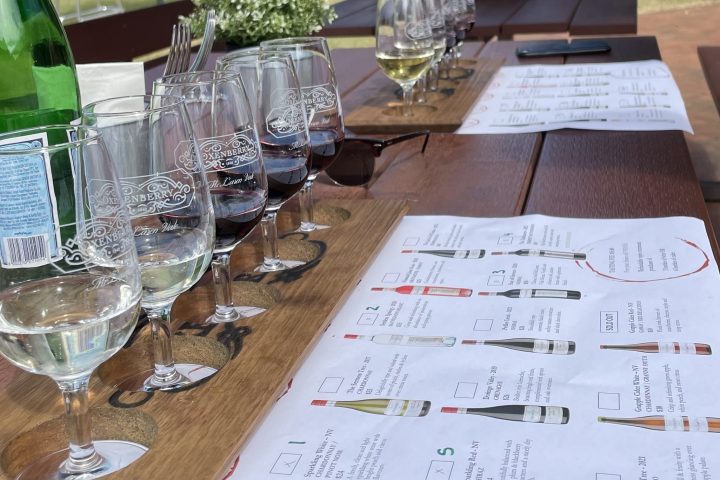 Outdoor wine tasting setup with glasses on a wooden board and menus on a picnic table.