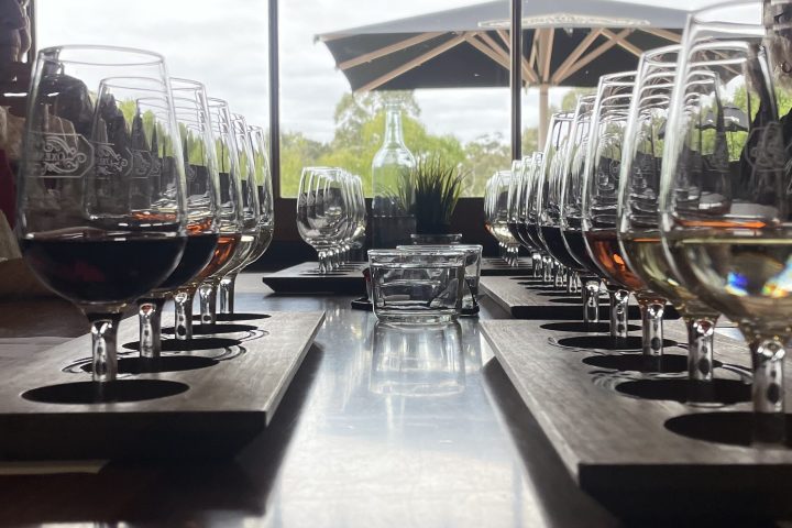 Rows of wine glasses on boards by a window with outdoor view.