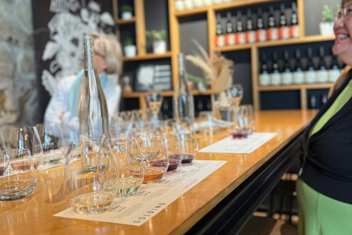 Wine tasting setup on a wooden table with glasses and people in a winery.