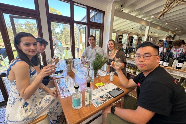 Group of people sitting at a table with wine glasses indoors.