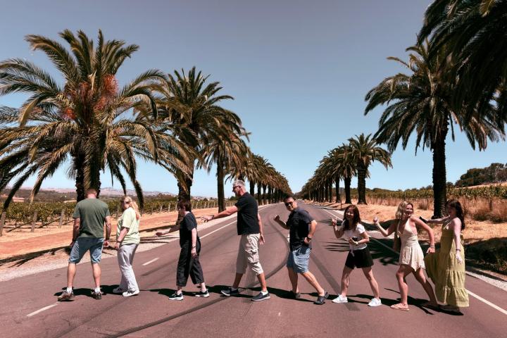 Seven people posing on a road lined with palm trees under a clear sky.
