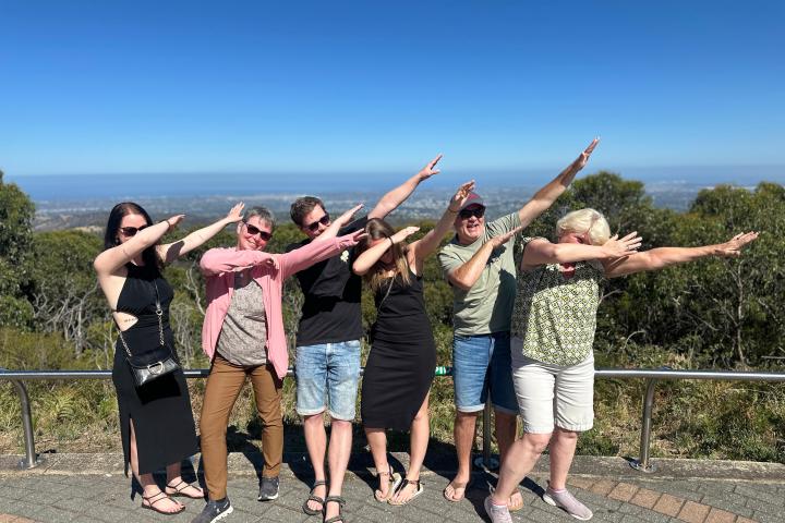 Six people posing with dab gesture on a scenic overlook with clear blue sky.