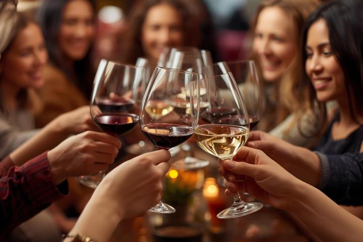 Group of people toasting with wine glasses, smiling in a festive setting.