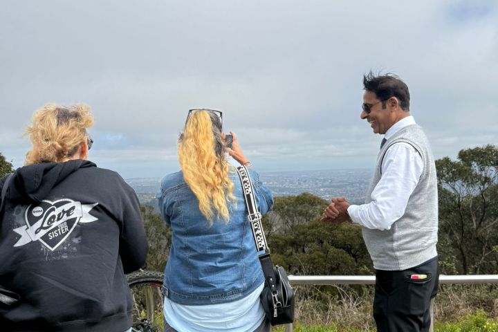 Three people standing at a viewpoint overlooking a landscape with trees and cloudy sky.