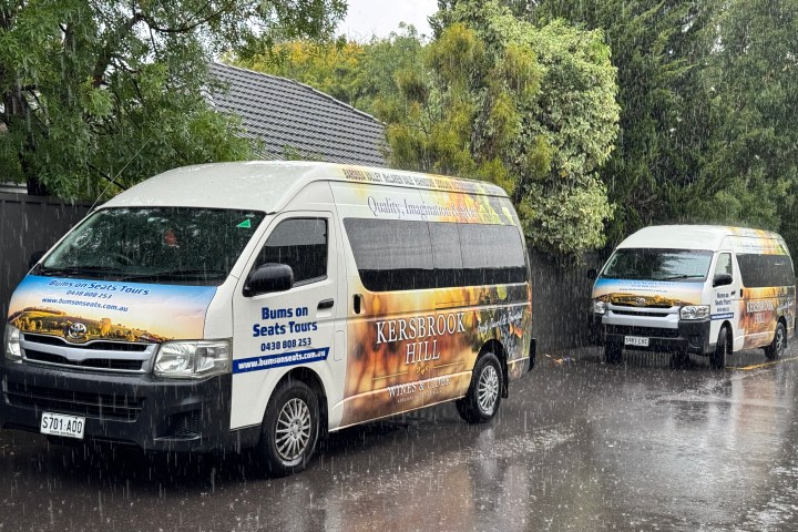 Two branded tour vans parked in the rain near trees on a wet road.
