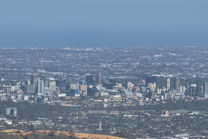 City skyline with tall buildings, trees in foreground, and blue sky above.